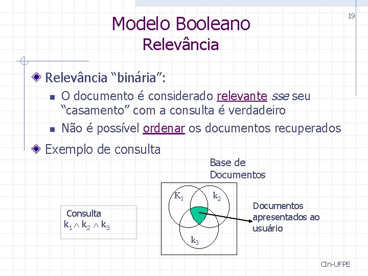 19 Modelo Booleano Relevância “binária”: n n O documento é considerado relevante sse seu