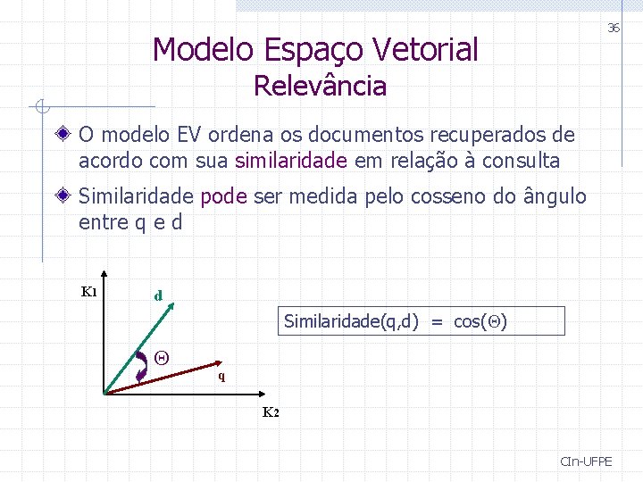 36 Modelo Espaço Vetorial Relevância O modelo EV ordena os documentos recuperados de acordo