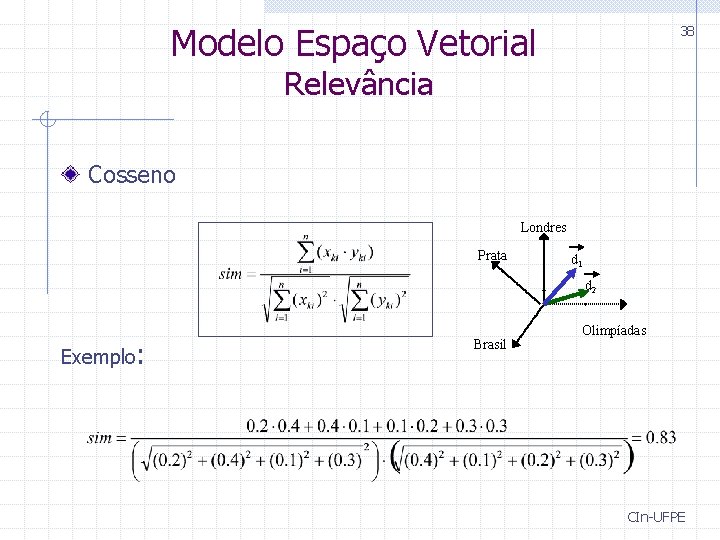 Modelo Espaço Vetorial 38 Relevância Cosseno Londres Prata d 1 d 2 Exemplo: Brasil