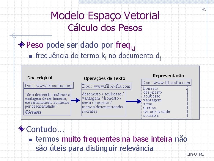 45 Modelo Espaço Vetorial Cálculo dos Peso pode ser dado por freqi, j n