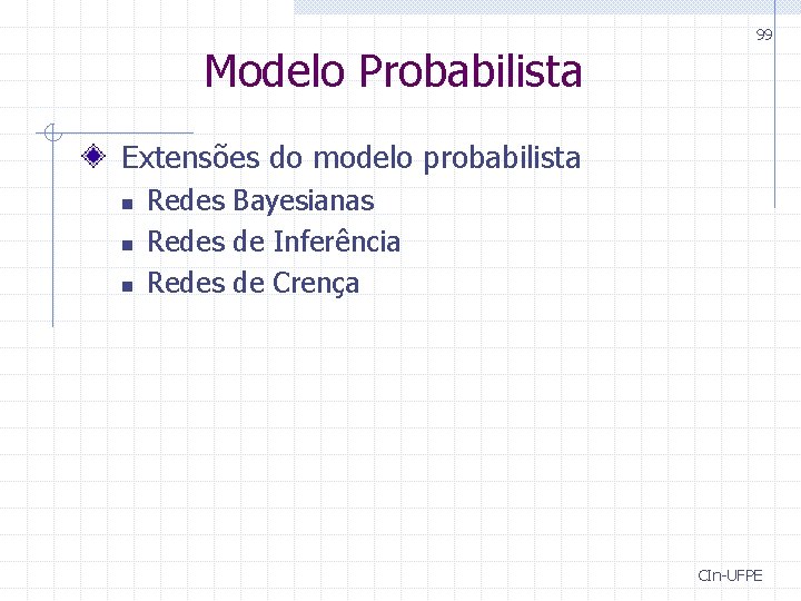 Modelo Probabilista 99 Extensões do modelo probabilista n n n Redes Bayesianas Redes de