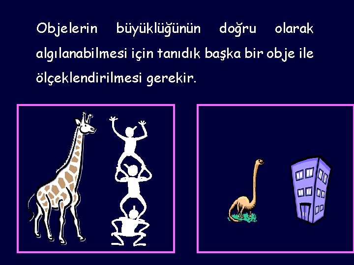 Objelerin büyüklüğünün doğru olarak algılanabilmesi için tanıdık başka bir obje ile ölçeklendirilmesi gerekir. 