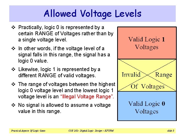 Allowed Voltage Levels v Practically, logic 0 is represented by a certain RANGE of