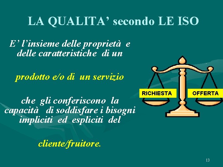 LA QUALITA’ secondo LE ISO E’ l’insieme delle proprietà e delle caratteristiche di un