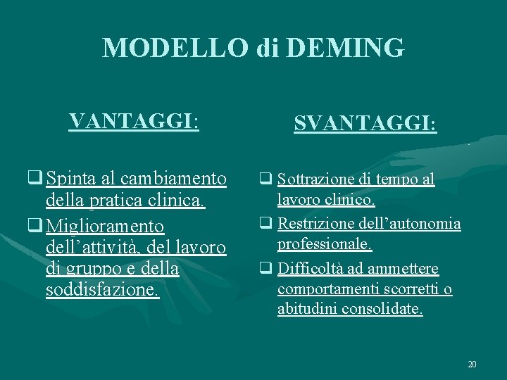 MODELLO di DEMING VANTAGGI: q Spinta al cambiamento della pratica clinica. q Miglioramento dell’attività,