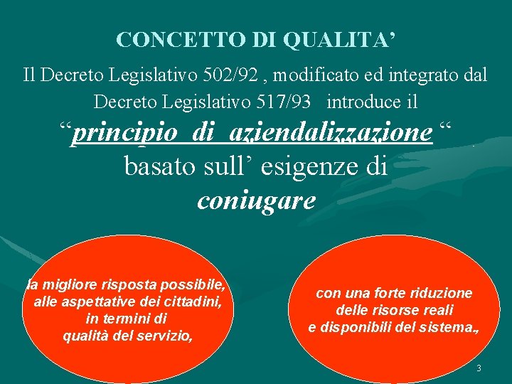 CONCETTO DI QUALITA’ Il Decreto Legislativo 502/92 , modificato ed integrato dal Decreto Legislativo