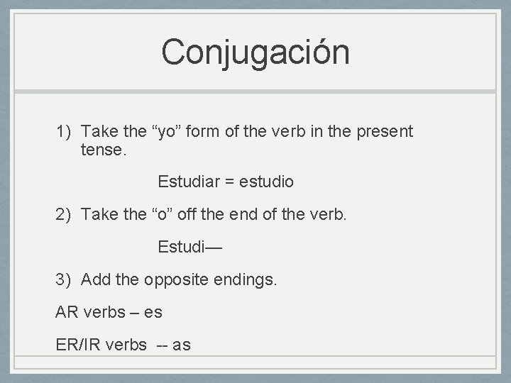 Conjugación 1) Take the “yo” form of the verb in the present tense. Estudiar