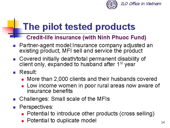 ILO Office in Vietnam The pilot tested products n n n Credit-life insurance (with