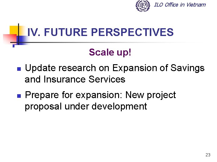 ILO Office in Vietnam IV. FUTURE PERSPECTIVES Scale up! n n Update research on