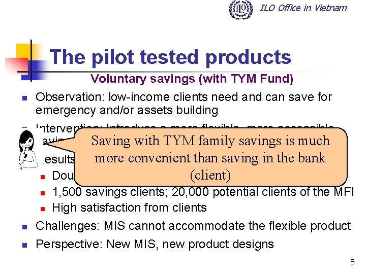 ILO Office in Vietnam The pilot tested products Voluntary savings (with TYM Fund) n