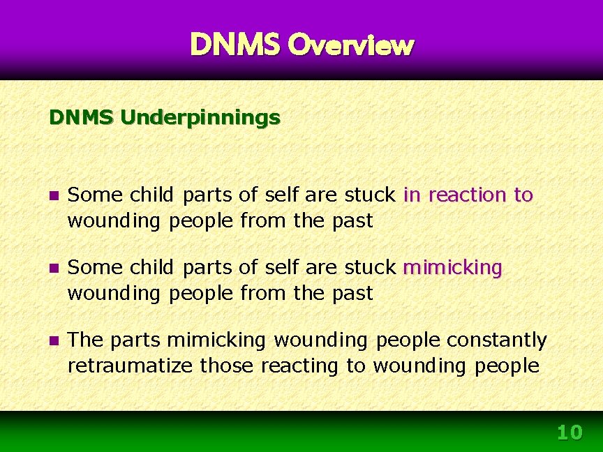 DNMS Overview DNMS Underpinnings n Some child parts of self are stuck in reaction DNMS Overview DNMS Underpinnings n Some child parts of self are stuck in reaction