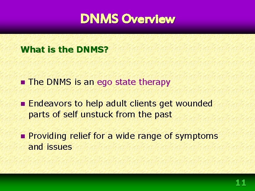 DNMS Overview What is the DNMS? n The DNMS is an ego state therapy DNMS Overview What is the DNMS? n The DNMS is an ego state therapy