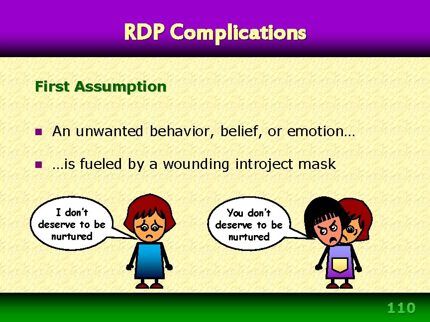 RDP Complications First Assumption n An unwanted behavior, belief, or emotion… n …is fueled RDP Complications First Assumption n An unwanted behavior, belief, or emotion… n …is fueled