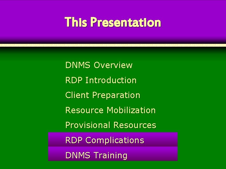This Presentation DNMS Overview RDP Introduction Client Preparation Resource Mobilization Provisional Resources RDP Complications This Presentation DNMS Overview RDP Introduction Client Preparation Resource Mobilization Provisional Resources RDP Complications