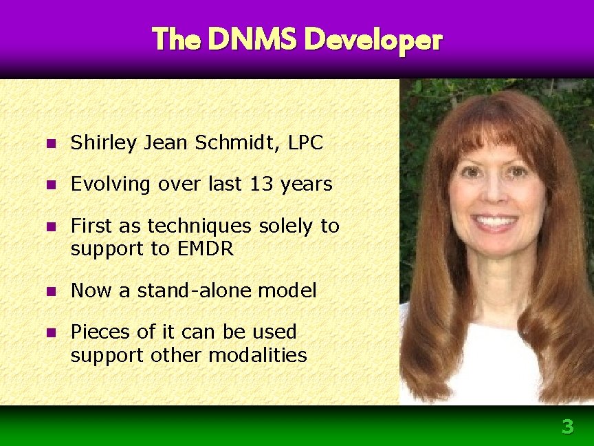 The DNMS Developer n Shirley Jean Schmidt, LPC n Evolving over last 13 years The DNMS Developer n Shirley Jean Schmidt, LPC n Evolving over last 13 years