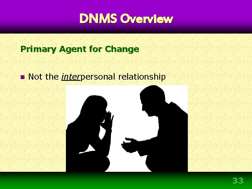 DNMS Overview Primary Agent for Change n Not the interpersonal relationship 33 DNMS Overview Primary Agent for Change n Not the interpersonal relationship 33