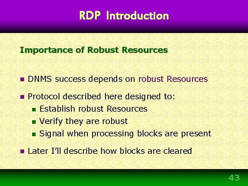 RDP Introduction Importance of Robust Resources n DNMS success depends on robust Resources n RDP Introduction Importance of Robust Resources n DNMS success depends on robust Resources n