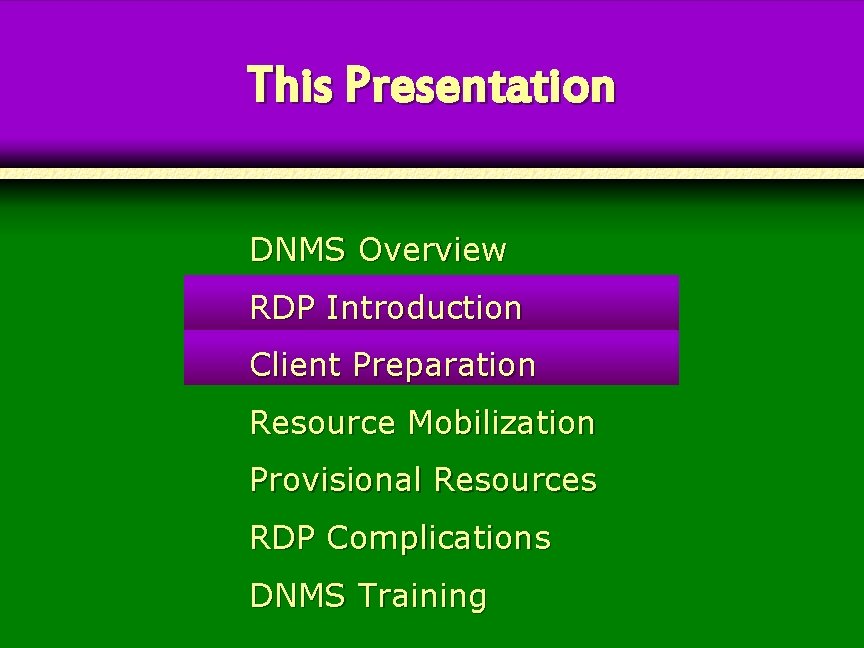 This Presentation DNMS Overview RDP Introduction Client Preparation Resource Mobilization Provisional Resources RDP Complications This Presentation DNMS Overview RDP Introduction Client Preparation Resource Mobilization Provisional Resources RDP Complications