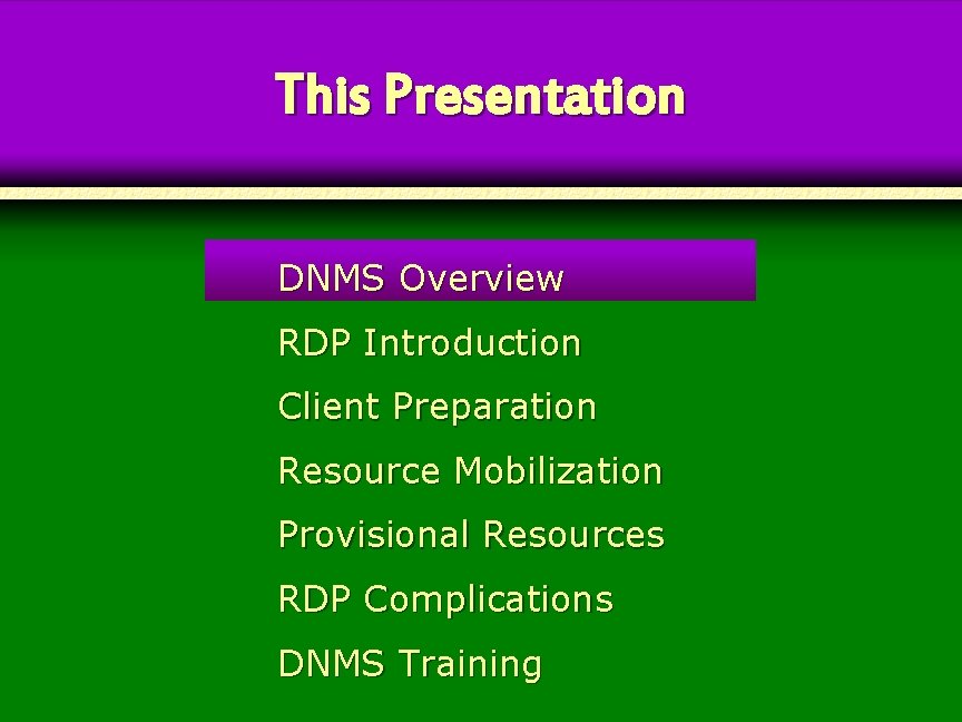 This Presentation DNMS Overview RDP Introduction Client Preparation Resource Mobilization Provisional Resources RDP Complications This Presentation DNMS Overview RDP Introduction Client Preparation Resource Mobilization Provisional Resources RDP Complications