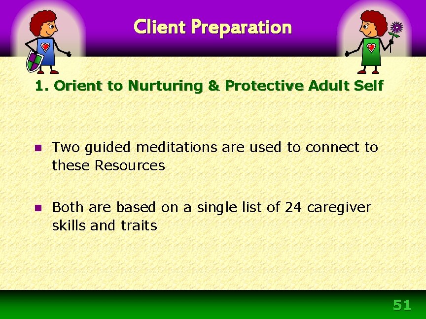 Client Preparation 1. Orient to Nurturing & Protective Adult Self n Two guided meditations Client Preparation 1. Orient to Nurturing & Protective Adult Self n Two guided meditations