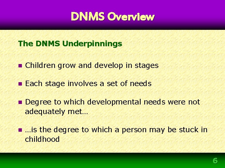 DNMS Overview The DNMS Underpinnings n Children grow and develop in stages n Each DNMS Overview The DNMS Underpinnings n Children grow and develop in stages n Each