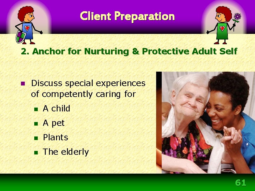 Client Preparation 2. Anchor for Nurturing & Protective Adult Self n Discuss special experiences Client Preparation 2. Anchor for Nurturing & Protective Adult Self n Discuss special experiences