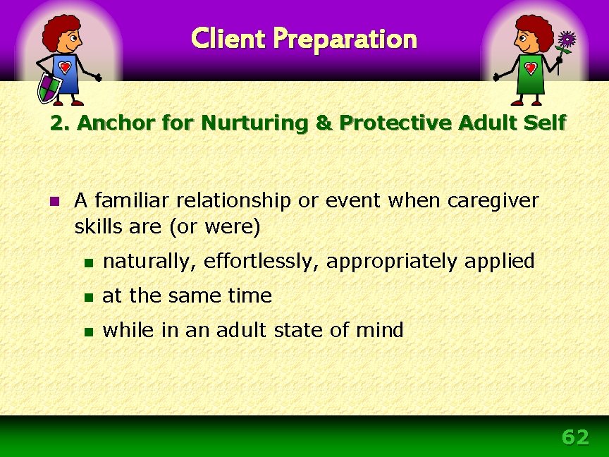 Client Preparation 2. Anchor for Nurturing & Protective Adult Self n A familiar relationship Client Preparation 2. Anchor for Nurturing & Protective Adult Self n A familiar relationship