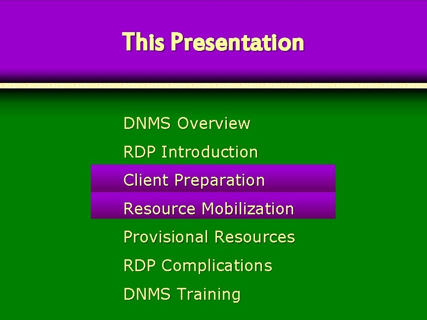 This Presentation DNMS Overview RDP Introduction Client Preparation Resource Mobilization Provisional Resources RDP Complications This Presentation DNMS Overview RDP Introduction Client Preparation Resource Mobilization Provisional Resources RDP Complications