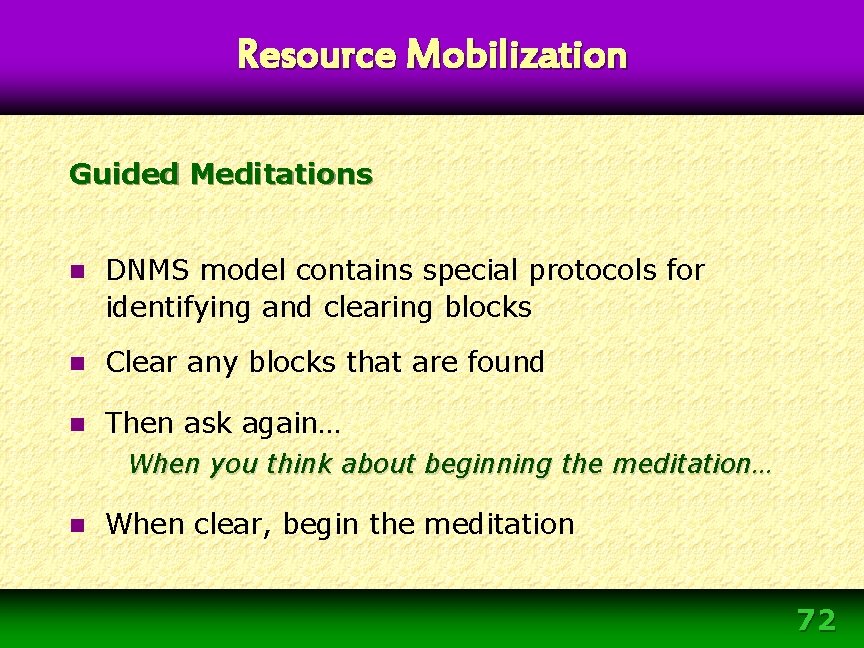 Resource Mobilization Guided Meditations n DNMS model contains special protocols for identifying and clearing Resource Mobilization Guided Meditations n DNMS model contains special protocols for identifying and clearing