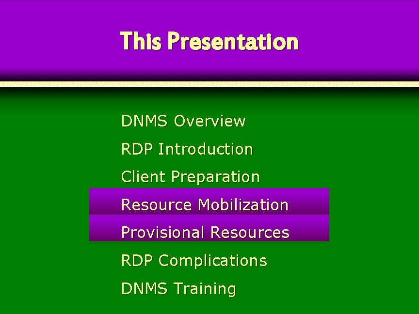 This Presentation DNMS Overview RDP Introduction Client Preparation Resource Mobilization Provisional Resources RDP Complications This Presentation DNMS Overview RDP Introduction Client Preparation Resource Mobilization Provisional Resources RDP Complications