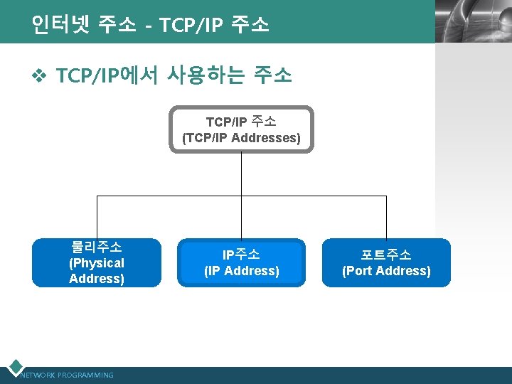 인터넷 주소 - TCP/IP 주소 LOGO v TCP/IP에서 사용하는 주소 TCP/IP 주소 (TCP/IP Addresses)