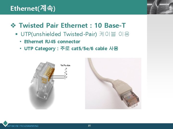 Ethernet(계속) LOGO v Twisted Pair Ethernet : 10 Base-T § UTP(unshielded Twisted-Pair) 케이블 이용