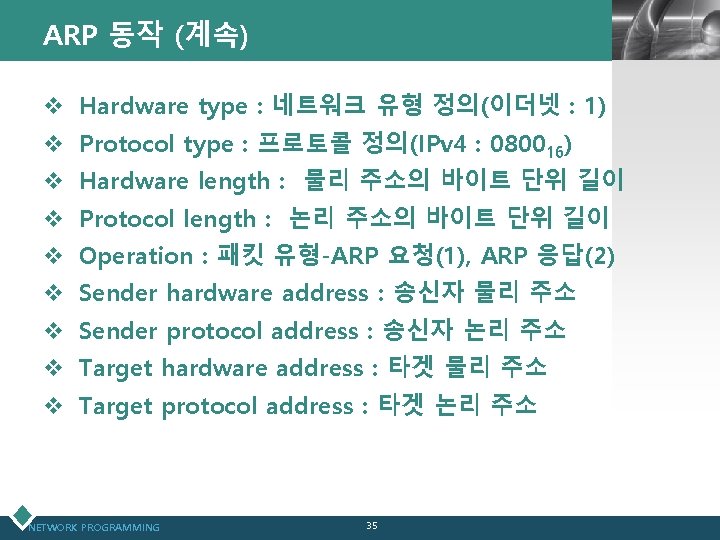 ARP 동작 (계속) LOGO v Hardware type : 네트워크 유형 정의(이더넷 : 1) v