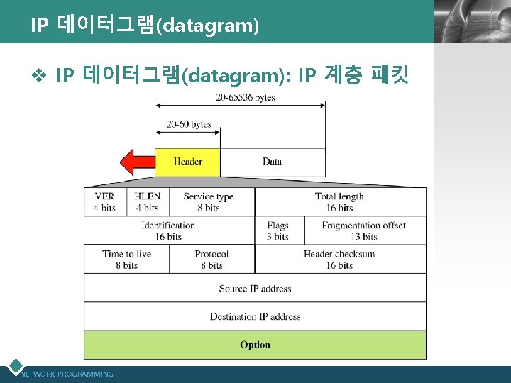 IP 데이터그램(datagram) v IP 데이터그램(datagram): IP 계층 패킷 NETWORK PROGRAMMING LOGO 