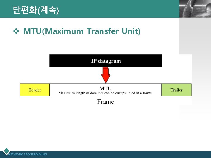 단편화(계속) v MTU(Maximum Transfer Unit) NETWORK PROGRAMMING LOGO 