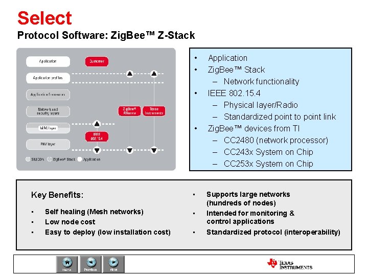 Select Protocol Software: Zig. Bee™ Z-Stack • • Key Benefits: • • • Self