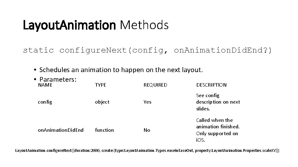 Layout. Animation Methods static configure. Next(config, on. Animation. Did. End? ) • Schedules an