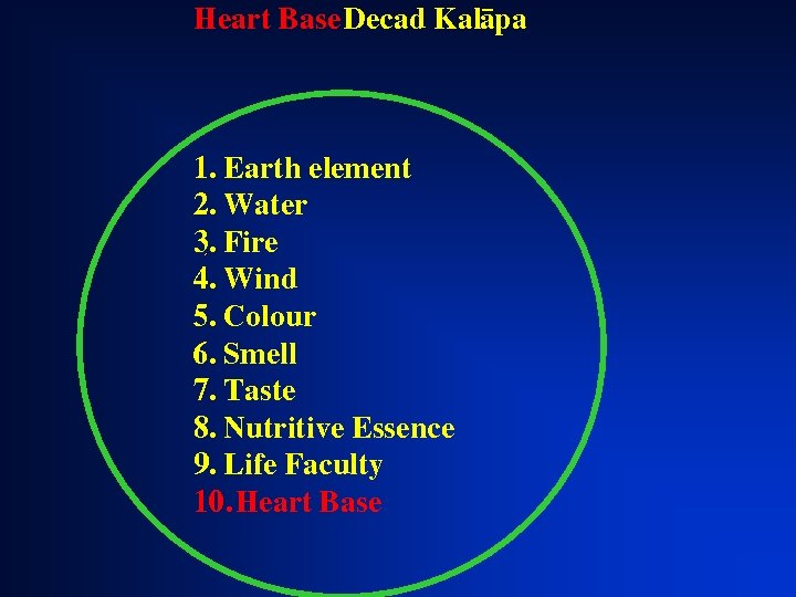 Heart Base Decad Kalàpa 1. Earth element 2. Water 3. Fire 4. Wind 5.