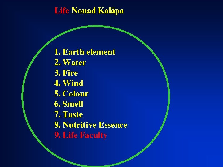 Life Nonad Kalàpa 1. Earth element 2. Water 3. Fire 4. Wind 5. Colour