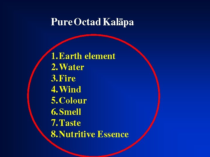 Pure Octad Kalàpa 1. Earth element 2. Water 3. Fire 4. Wind 5. Colour