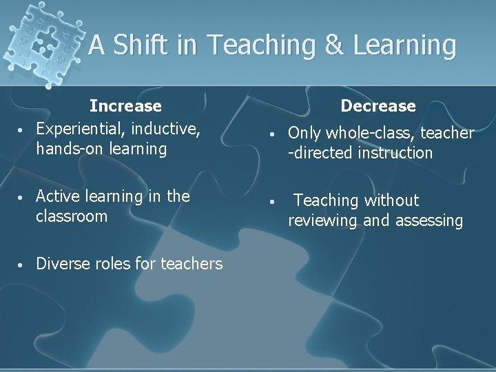 A Shift in Teaching & Learning • Increase Experiential, inductive, hands-on learning • Active
