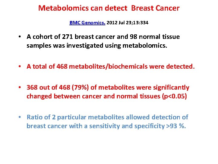 Metabolomics can detect Breast Cancer BMC Genomics. 2012 Jul 23; 13: 334 • A Metabolomics can detect Breast Cancer BMC Genomics. 2012 Jul 23; 13: 334 • A