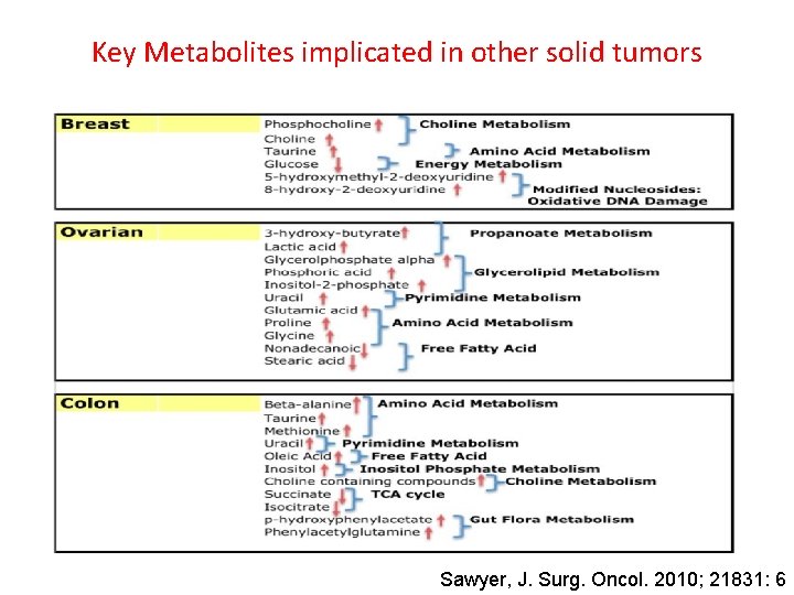 Key Metabolites implicated in other solid tumors Sawyer, J. Surg. Oncol. 2010; 21831: 6 Key Metabolites implicated in other solid tumors Sawyer, J. Surg. Oncol. 2010; 21831: 6