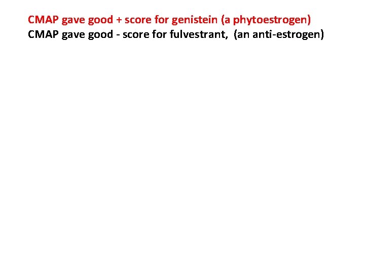 CMAP gave good + score for genistein (a phytoestrogen) CMAP gave good - score CMAP gave good + score for genistein (a phytoestrogen) CMAP gave good - score