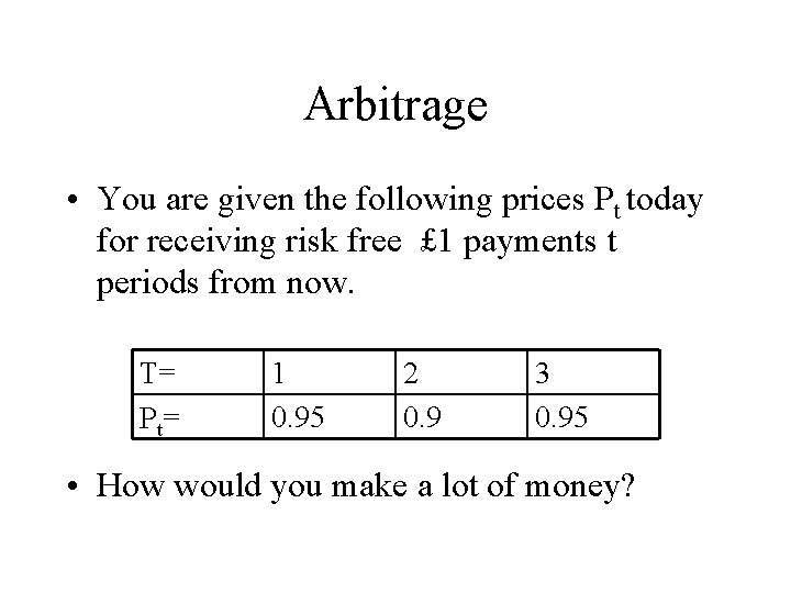 Arbitrage • You are given the following prices Pt today for receiving risk free