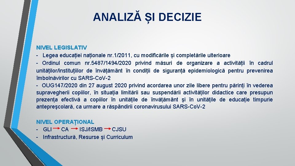 ANALIZĂ ȘI DECIZIE NIVEL LEGISLATIV - Legea educației naționale nr. 1/2011, cu modificările și