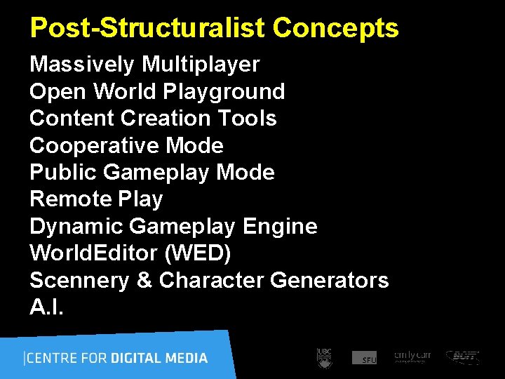 Post-Structuralist Concepts Massively Multiplayer Open World Playground Content Creation Tools Cooperative Mode Public Gameplay