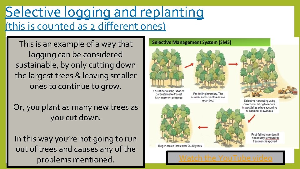 Selective logging and replanting (this is counted as 2 different ones) This is an