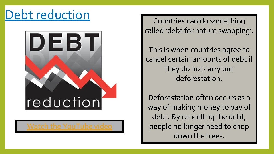 Debt reduction Countries can do something called ‘debt for nature swapping’. This is when
