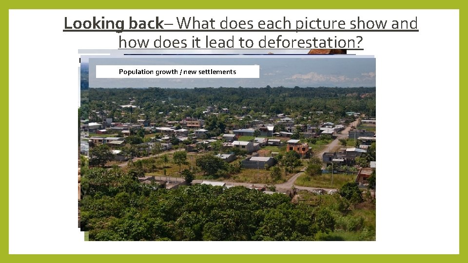Looking back– What does each picture show and how does it lead to deforestation?